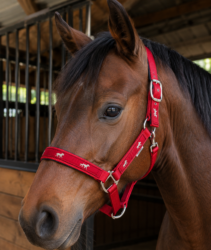 Nubuck Padded Nylon Headcollar with Horse Logo - 3 Colours