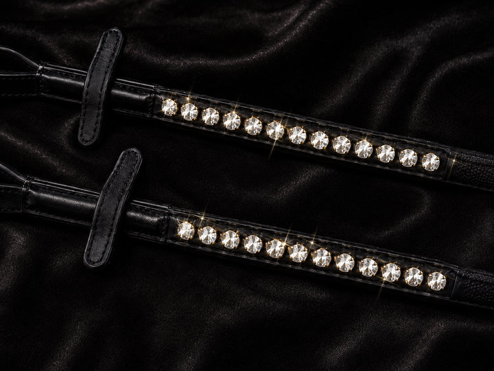 HRS Stunning Crystal Rubber Reins with Martingale Stops on Black Leather