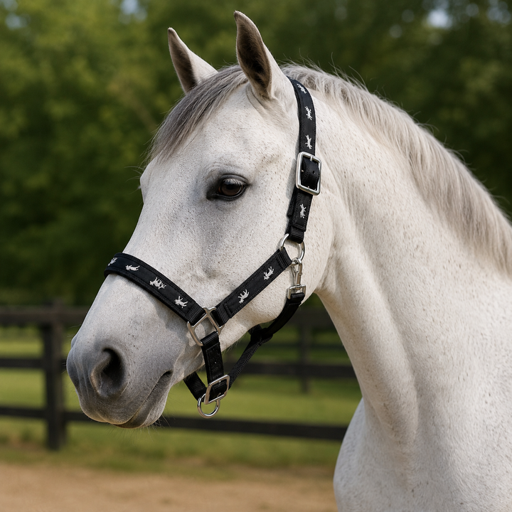 Nubuck Padded Nylon Headcollar with Horse Logo - 3 Colours