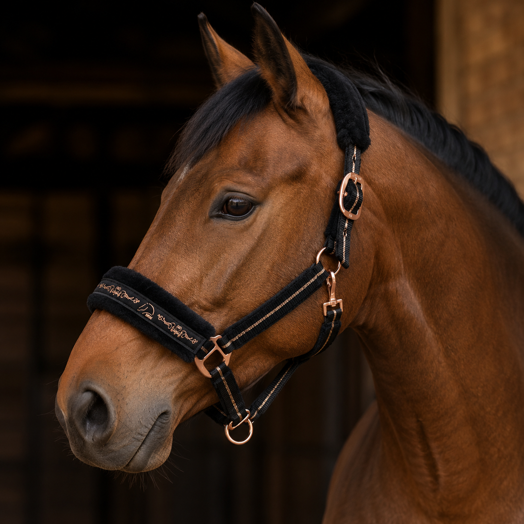 Rosegold Glamour Headcollar & Lead Rope Set by HKM - Black/Rose Gold