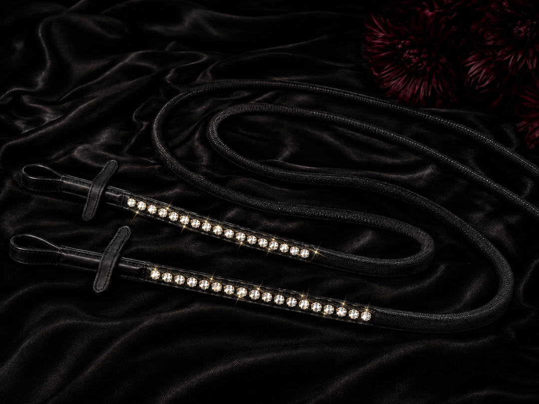HRS Stunning Crystal Rubber Reins with Martingale Stops on Black Leather