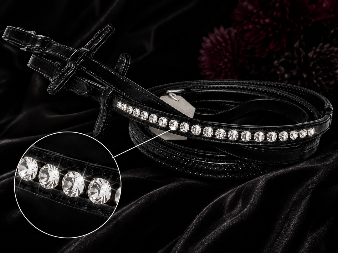 HRS Stunning Crystal Rubber Reins with Martingale Stops on Black Leather