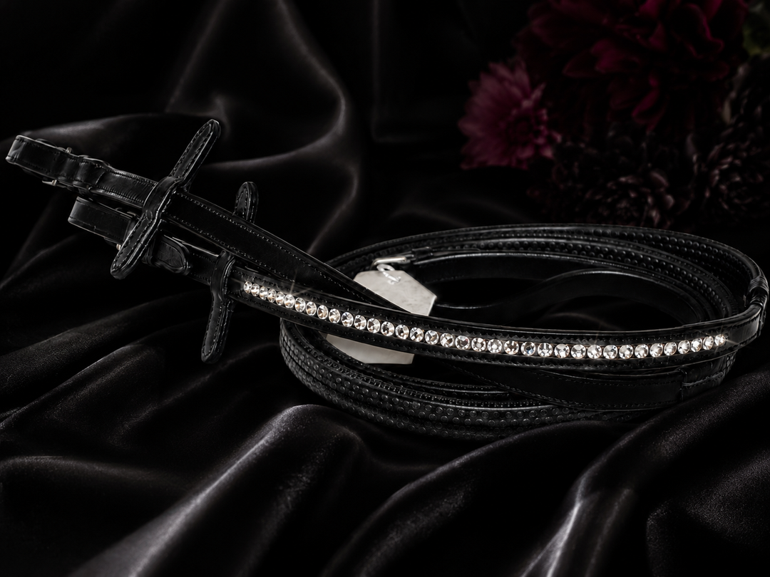 HRS Stunning Crystal Rubber Reins with Martingale Stops on Black Leather