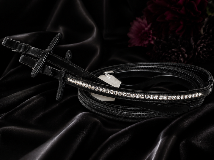 HRS Stunning Crystal Rubber Reins with Martingale Stops on Black Leather