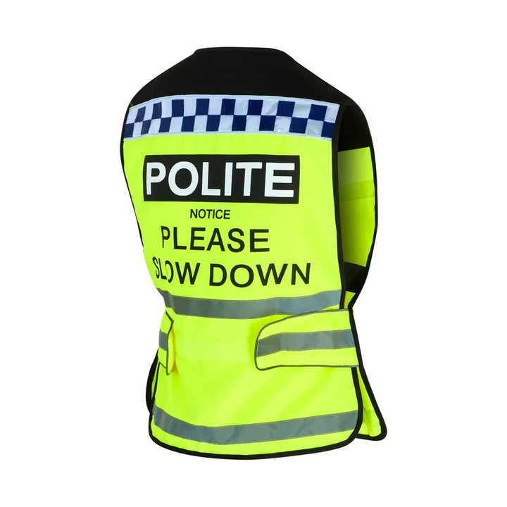 Equisafety POLITE Waistcoat - Please Pass Wide and Slow on Back - VERY Popular!