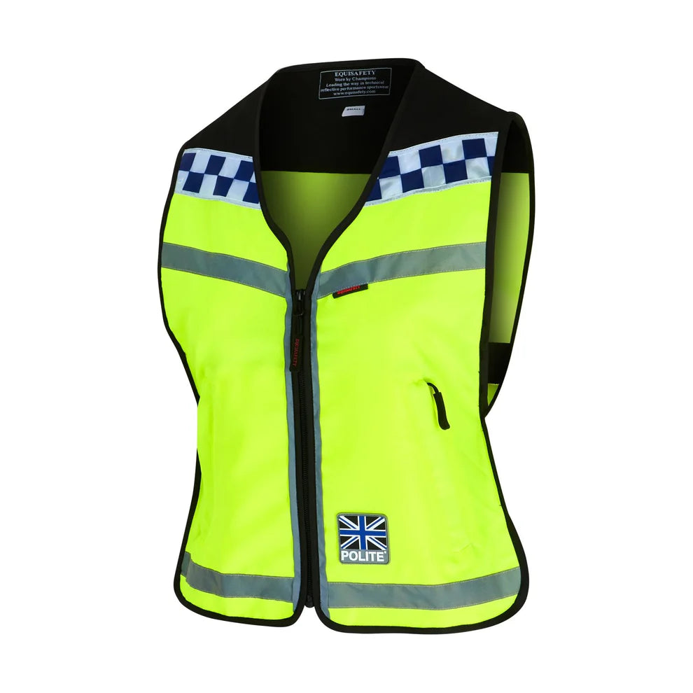 Equisafety POLITE Waistcoat - Please Pass Wide and Slow on Back - VERY Popular!