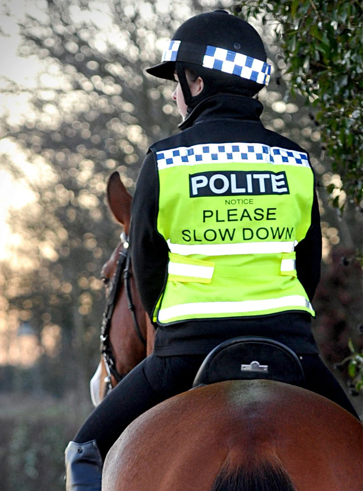 Equisafety POLITE Waistcoat - Please Pass Wide and Slow on Back - VERY Popular!