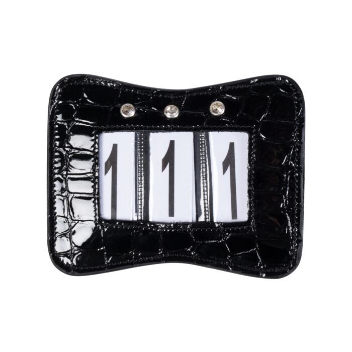Competition Numbers with press stud attachment and Safety pin in Black Patent with Crystal Embellishment