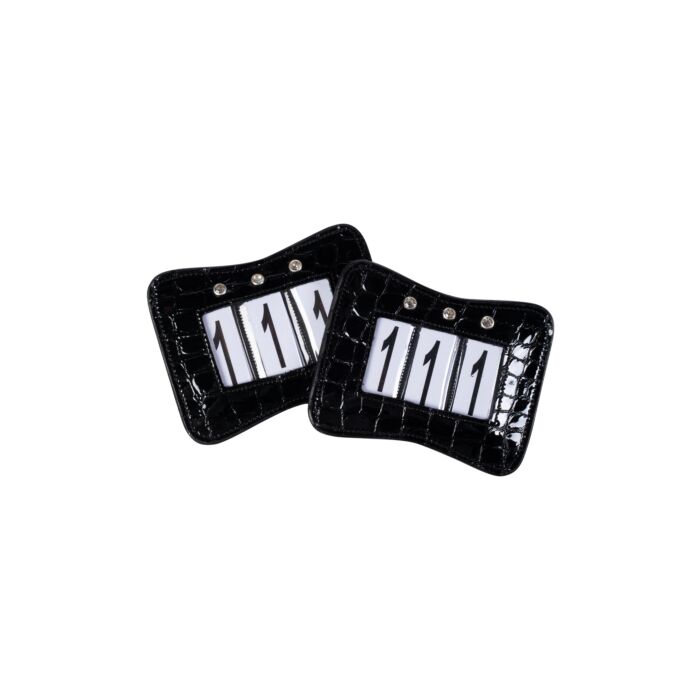 Competition Numbers with press stud attachment and Safety pin in Black Patent with Crystal Embellishment