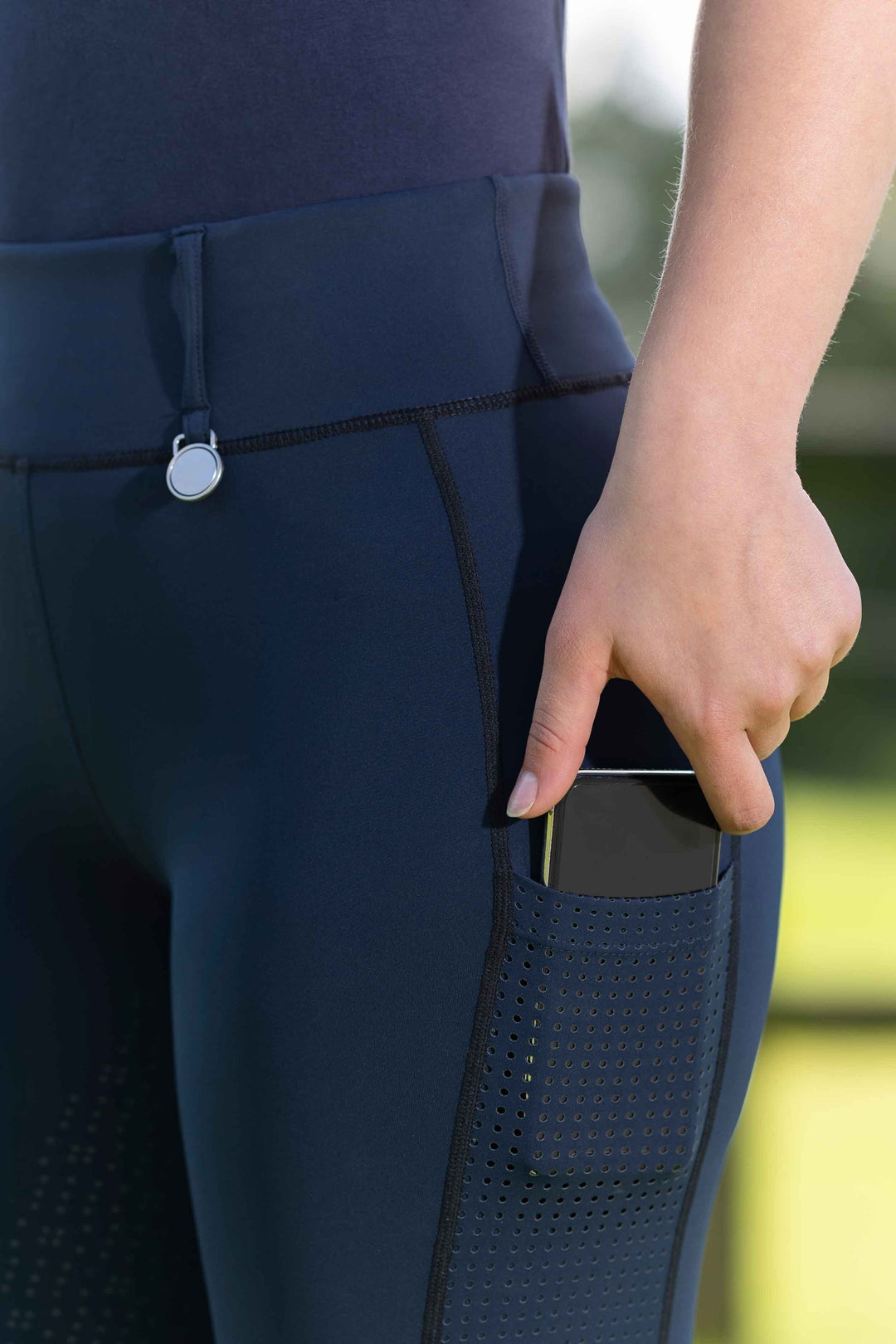 HKM Juna Riding Tights with Full Silicone Seat, Phone Pocket & Belt Loops - Navy