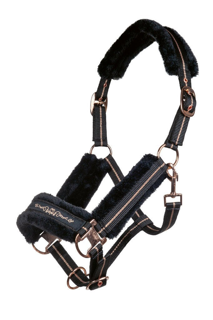 Rosegold Glamour Headcollar & Lead Rope Set by HKM - Black/Rose Gold