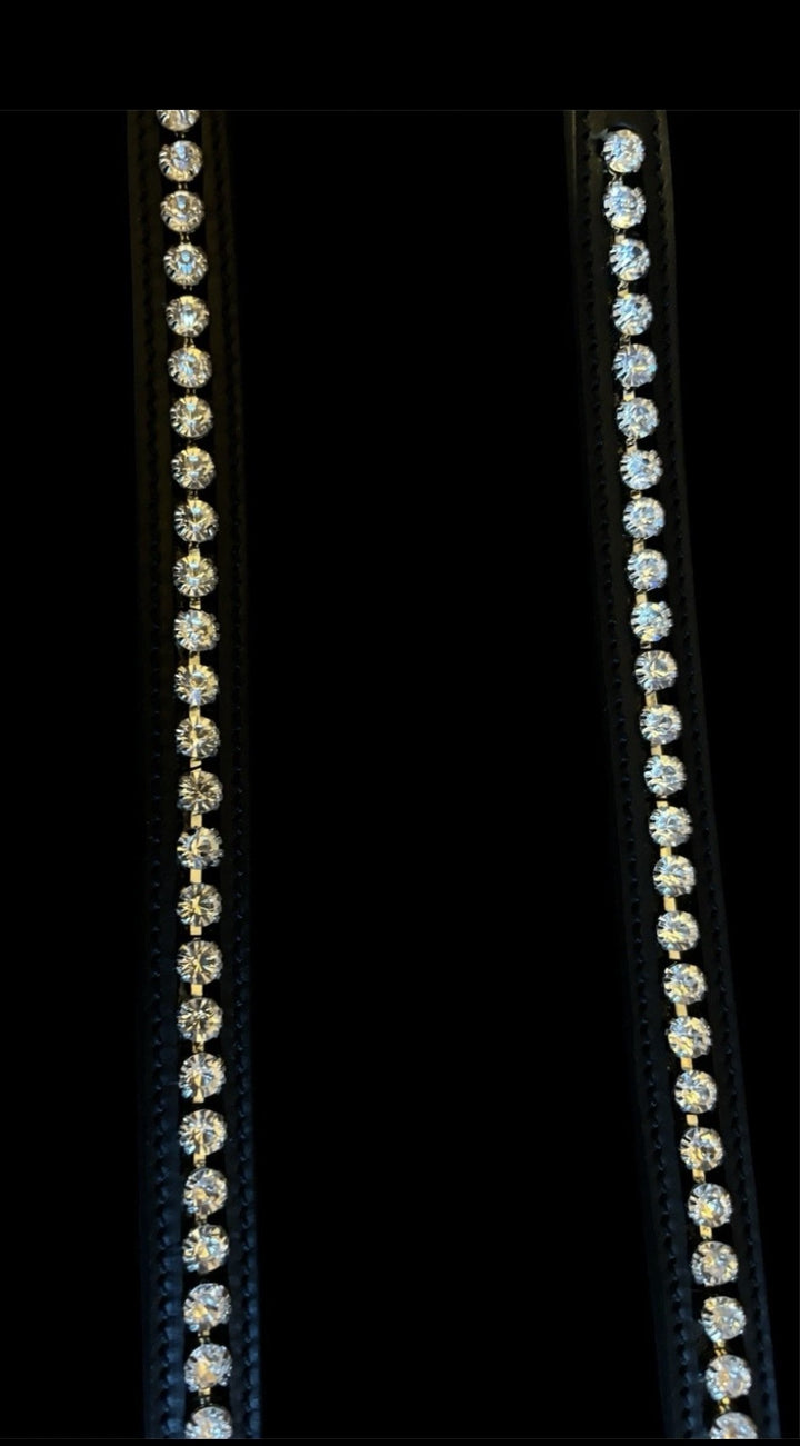 HRS Stunning Crystal Rubber Reins with Martingale Stops on Black Leather