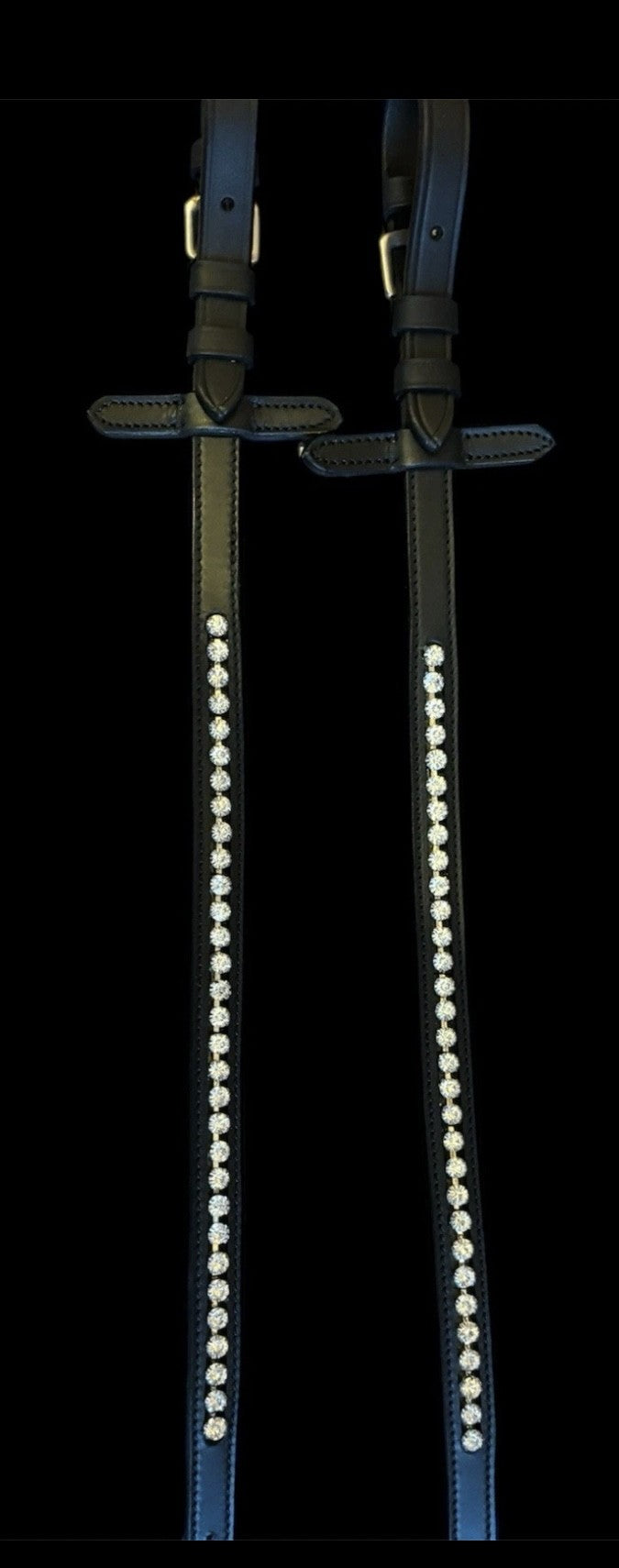 HRS Stunning Crystal Rubber Reins with Martingale Stops on Black Leather