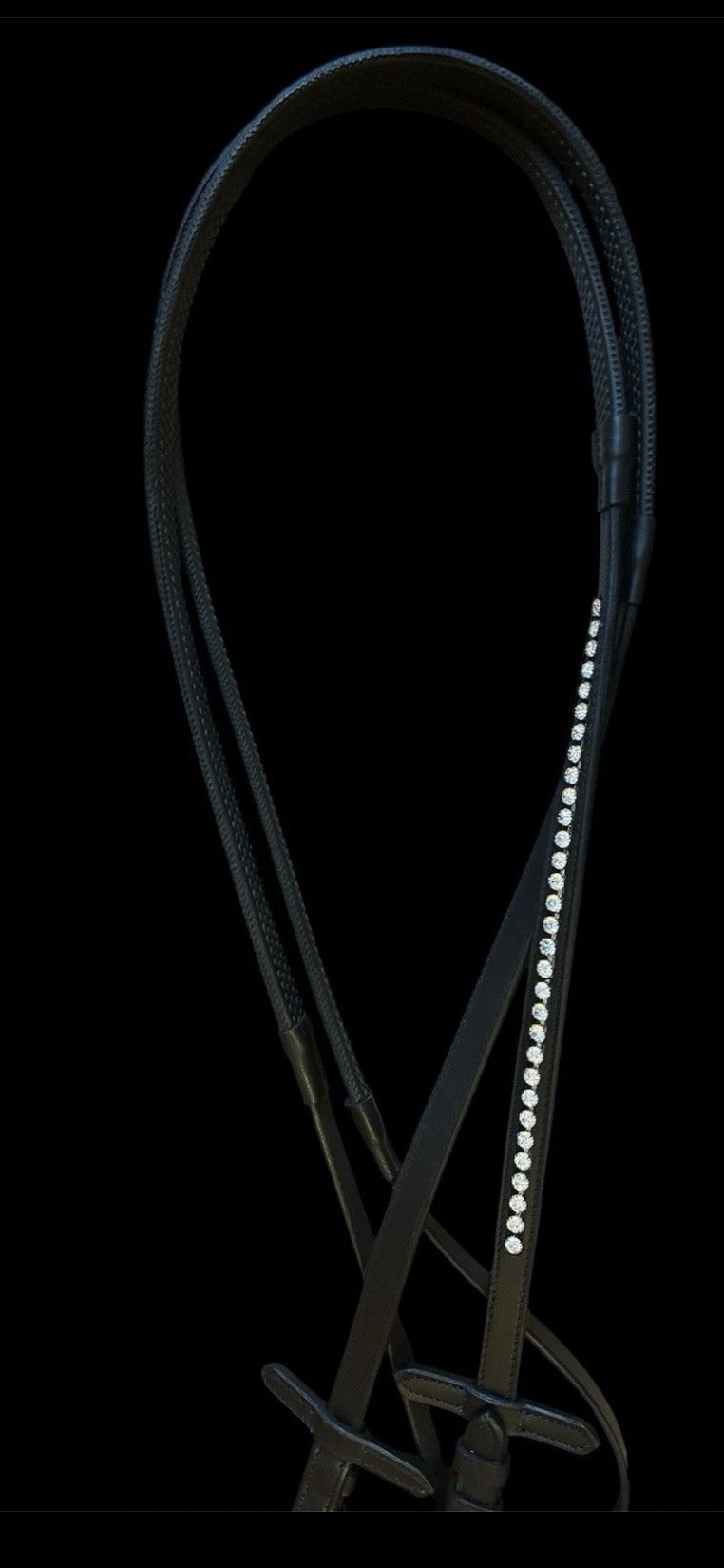 HRS Stunning Crystal Rubber Reins with Martingale Stops on Black Leather