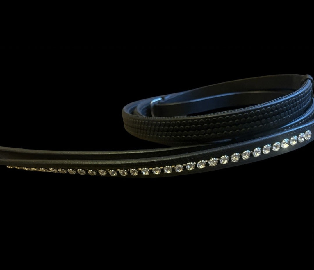 HRS Stunning Crystal Rubber Reins with Martingale Stops on Black Leather