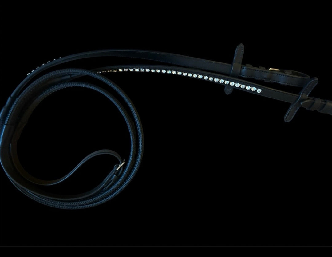 HRS Stunning Crystal Rubber Reins with Martingale Stops on Black Leather