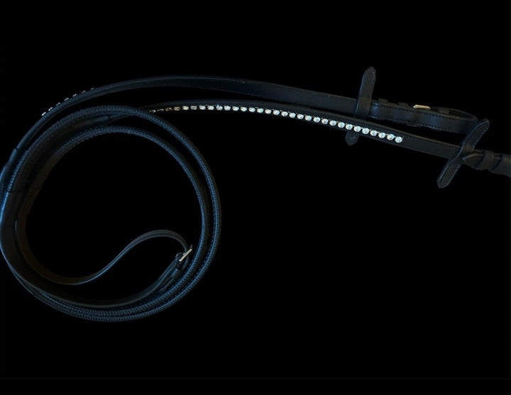 HRS Stunning Crystal Rubber Reins with Martingale Stops on Black Leather