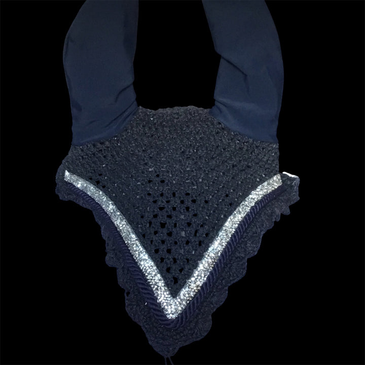HRS Stunning Crystal Long Fly Veil/Ear Bonnet - Navy & Silver