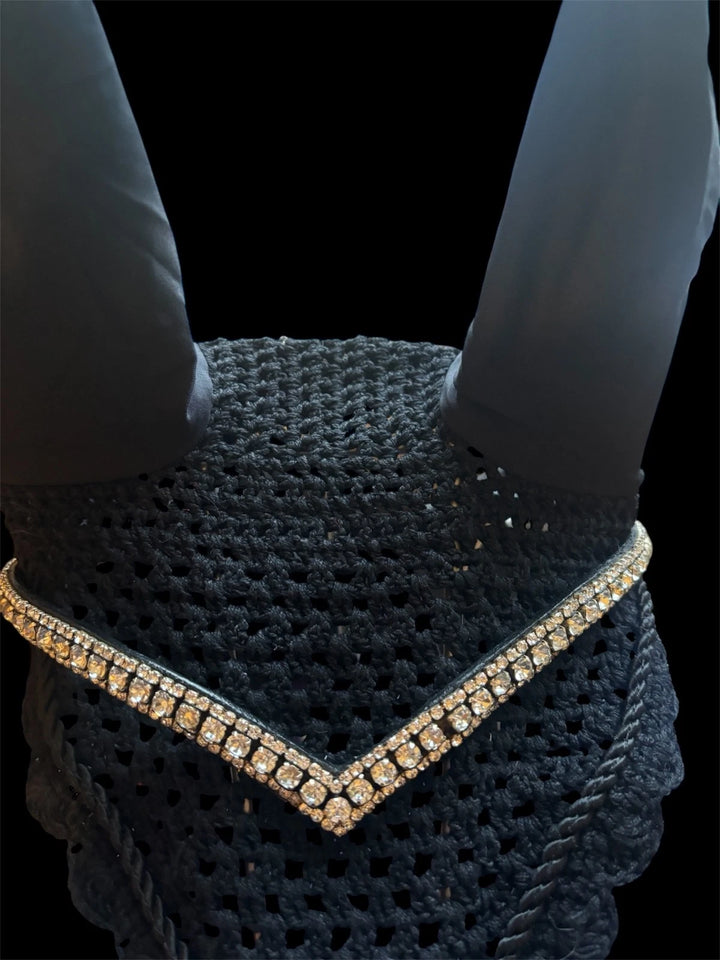 HRS Stunning Crystal/diamante/bling Browband - V Shape - Black Leather