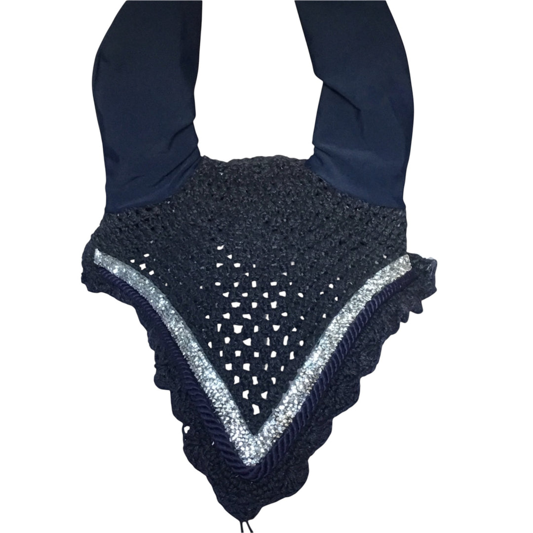 HRS Stunning Crystal Long Fly Veil/Ear Bonnet - Navy & Silver