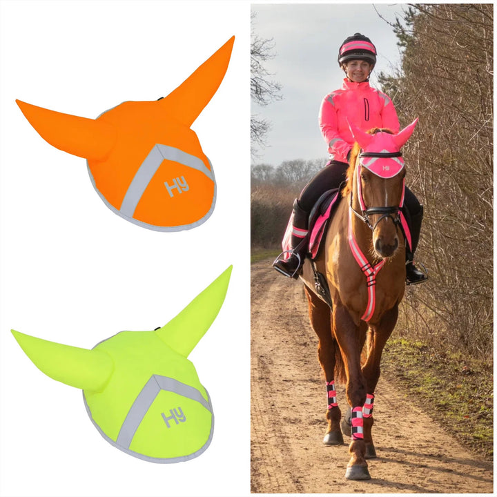 HY Viz Fluorescent Reflective Ear Bonnet/Fly Veil - 3 Colours - Sizes P/C/F