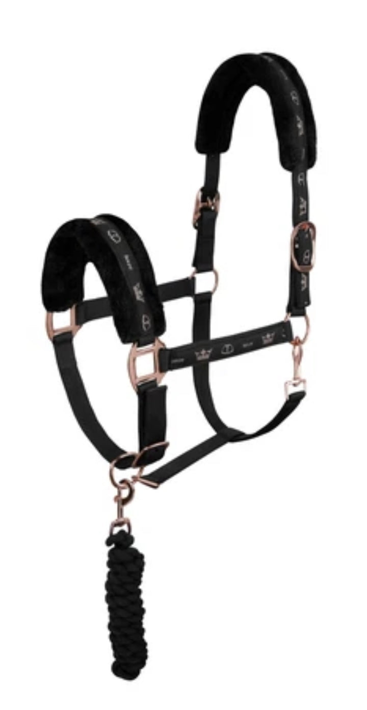 Horze Gorgeous Glarus Black & Rose Gold Headcollar & Lead Rope Set - pony or Full