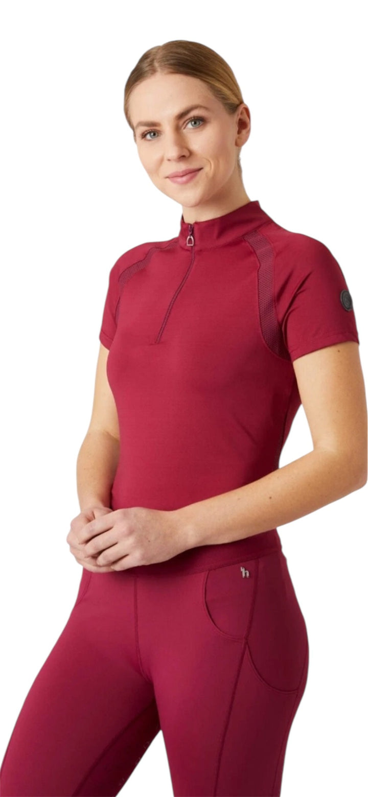 Horze Mia Short Sleeved Zip Neck Riding Top - Dark Pink - Size 14 - LAST 2!