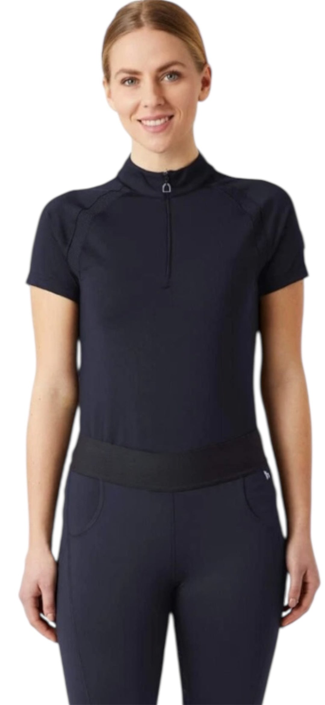 Horze Mia Classy Short Sleeved Zip Neck Riding Top - Dark Blue - Sizes 12 & 14 Left