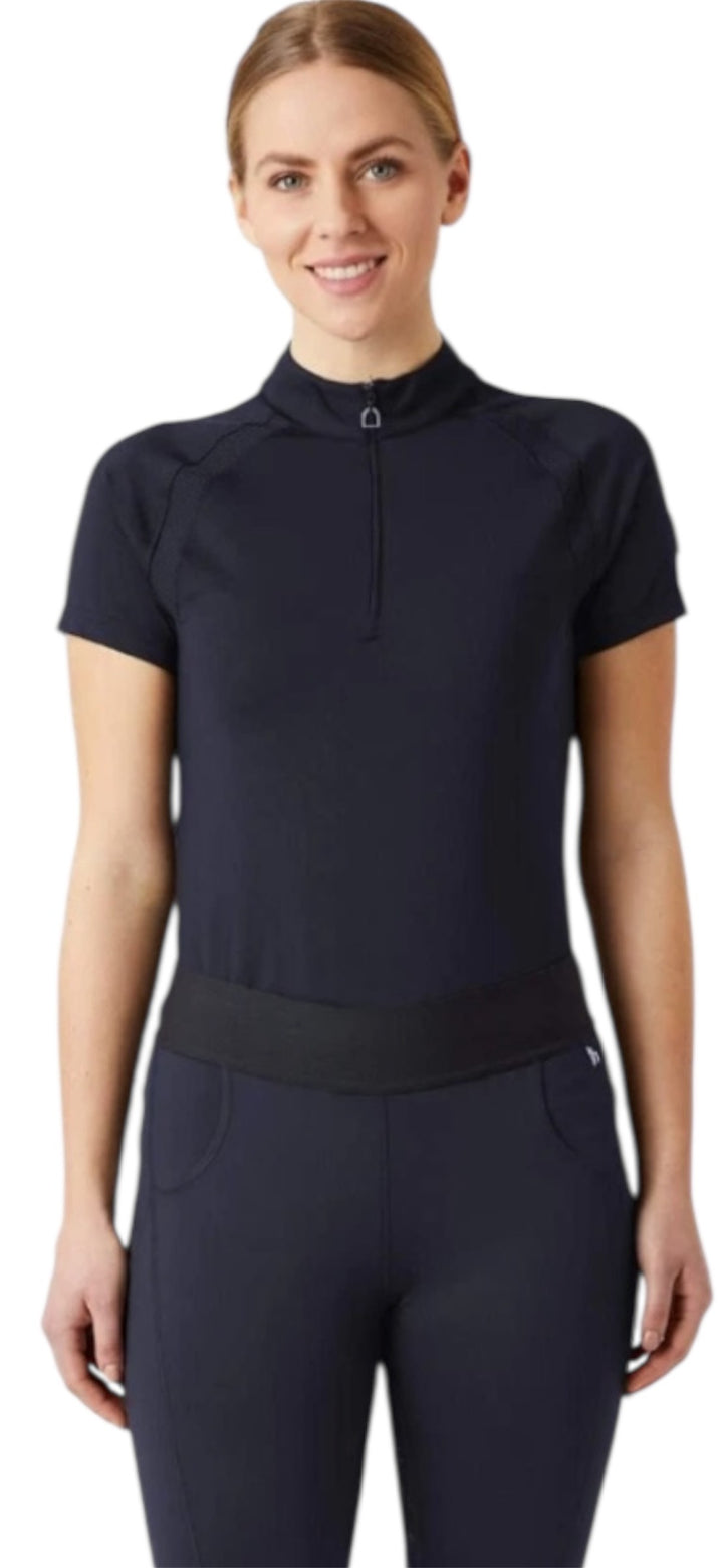 Horze Mia Classy Short Sleeved Zip Neck Riding Top - Dark Blue - Sizes 12 & 14 Left