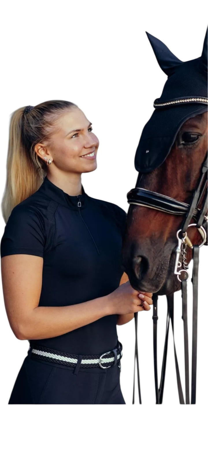 Horze Mia Classy Short Sleeved Zip Neck Riding Top - Dark Blue - Sizes 12 & 14 Left
