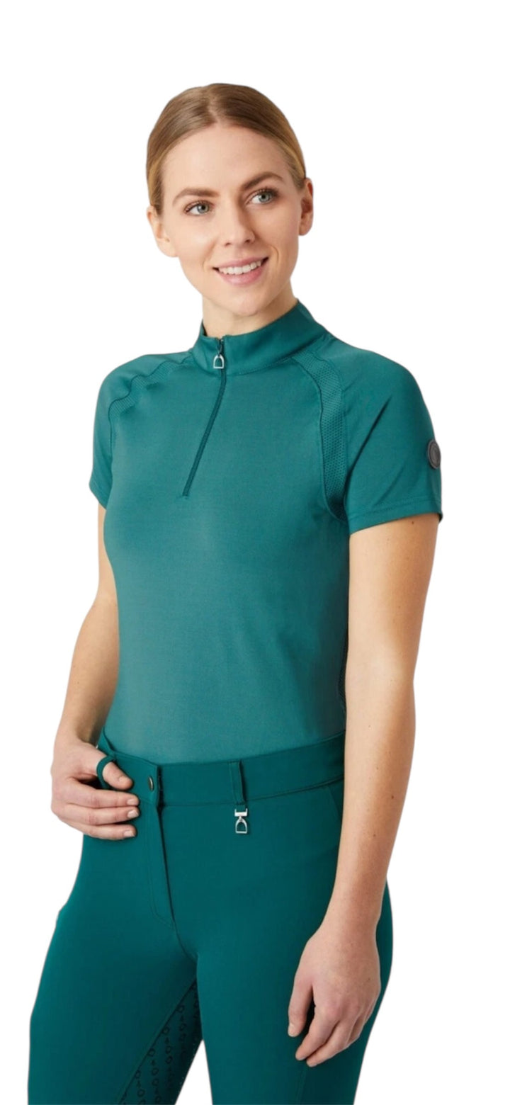 Horze Mia Short Sleeved Zip Neck Riding/Training Top - Storm Green - Medium - LAST 2