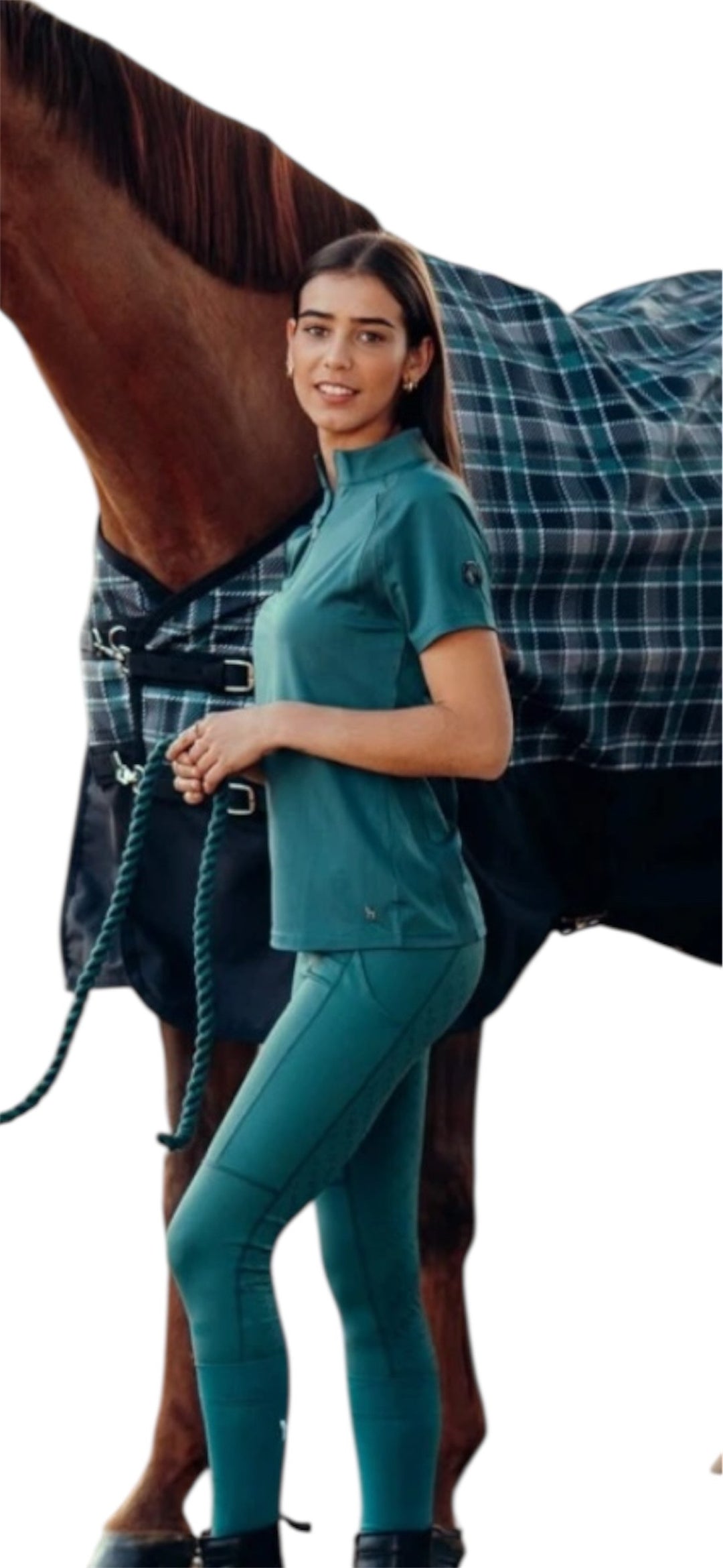 Horze Mia Short Sleeved Zip Neck Riding/Training Top - Storm Green - Medium - LAST 2