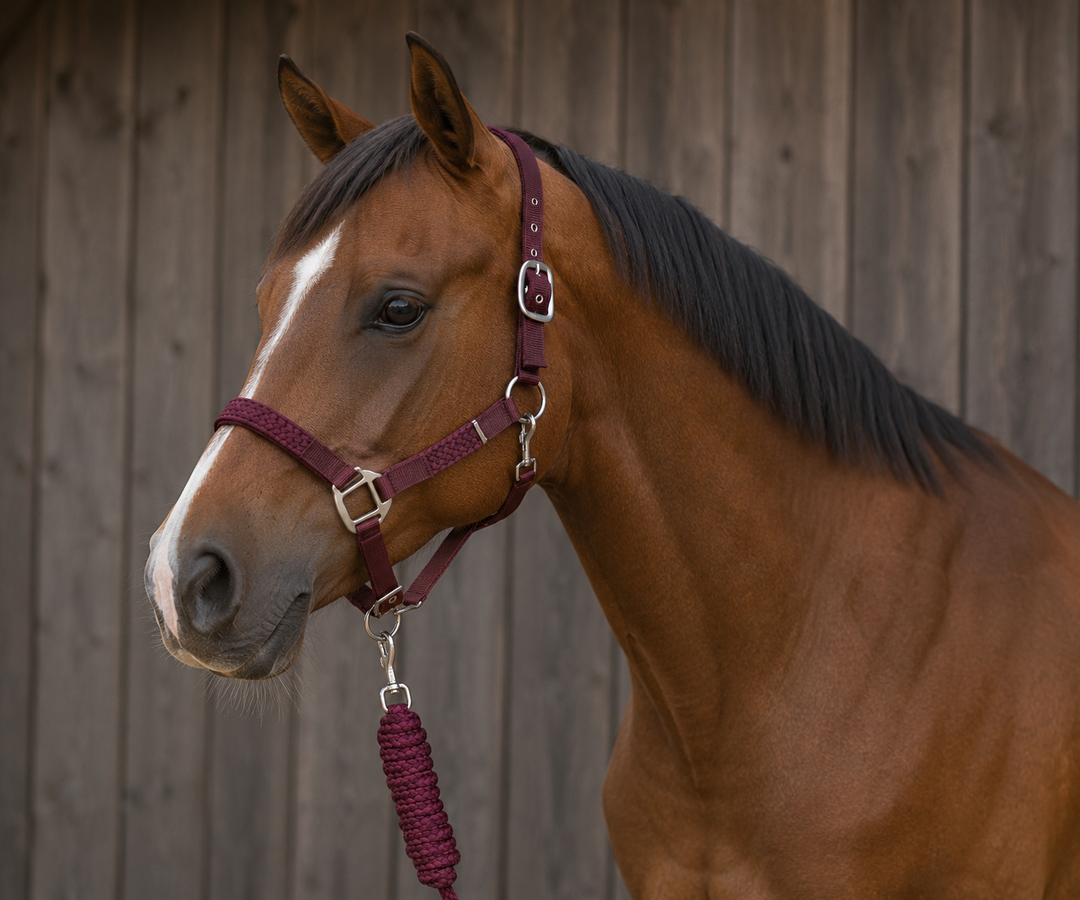 Horze Chicago Headcollar & Lead Rope Set - Burgundy/Wine Red - P/C/F
