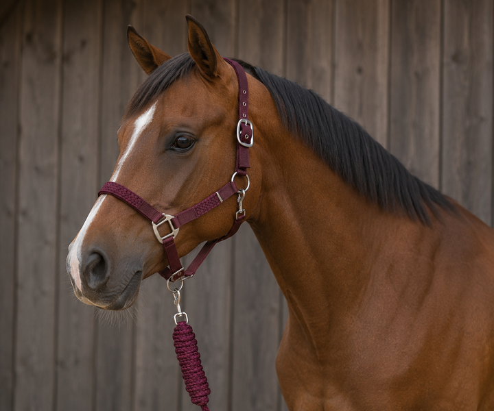 Horze Chicago Headcollar & Lead Rope Set - Burgundy/Wine Red - P/C/F