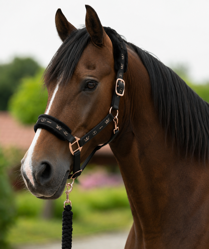 Horze Gorgeous Glarus Black & Rose Gold Headcollar & Lead Rope Set - pony or Full