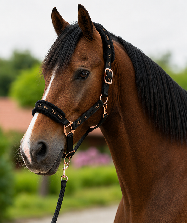 Horze Gorgeous Glarus Black & Rose Gold Headcollar & Lead Rope Set - pony or Full