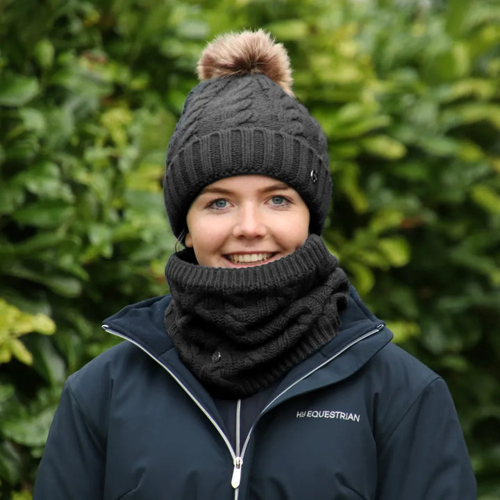 Hy Equestrian Melrose Cable Knit Bobble Hat - Fleece Lined - 4 Colours - Warm & Cosy