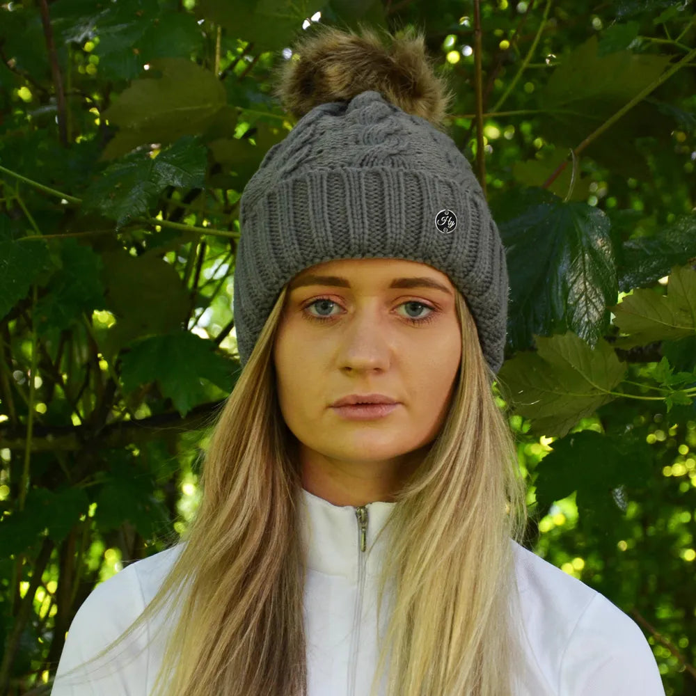 Hy Equestrian Melrose Cable Knit Bobble Hat - Fleece Lined - 4 Colours - Warm & Cosy
