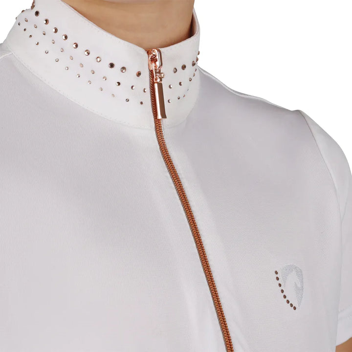 HyEquestrian White Roka Royal Show Shirt with Gorgeous Rose Gold Crystals -XS-XL
