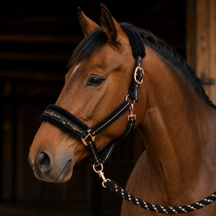 Rosegold Glamour Headcollar & Lead Rope Set by HKM - Black/Rose Gold