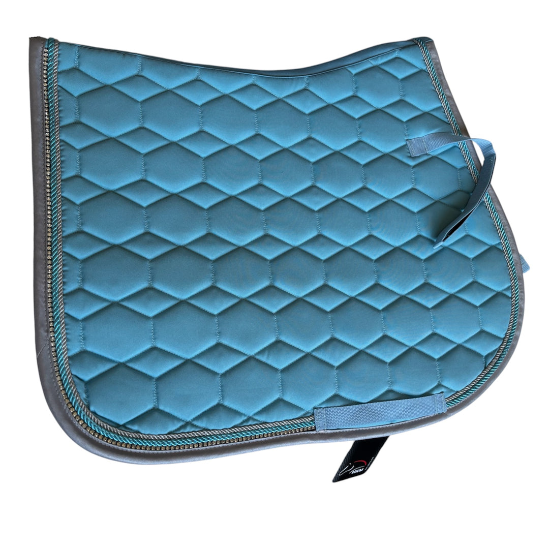 Stunning Diamante GP Saddle Pad by HKM - Sky Blue with Silver Piping & Crystal Trim