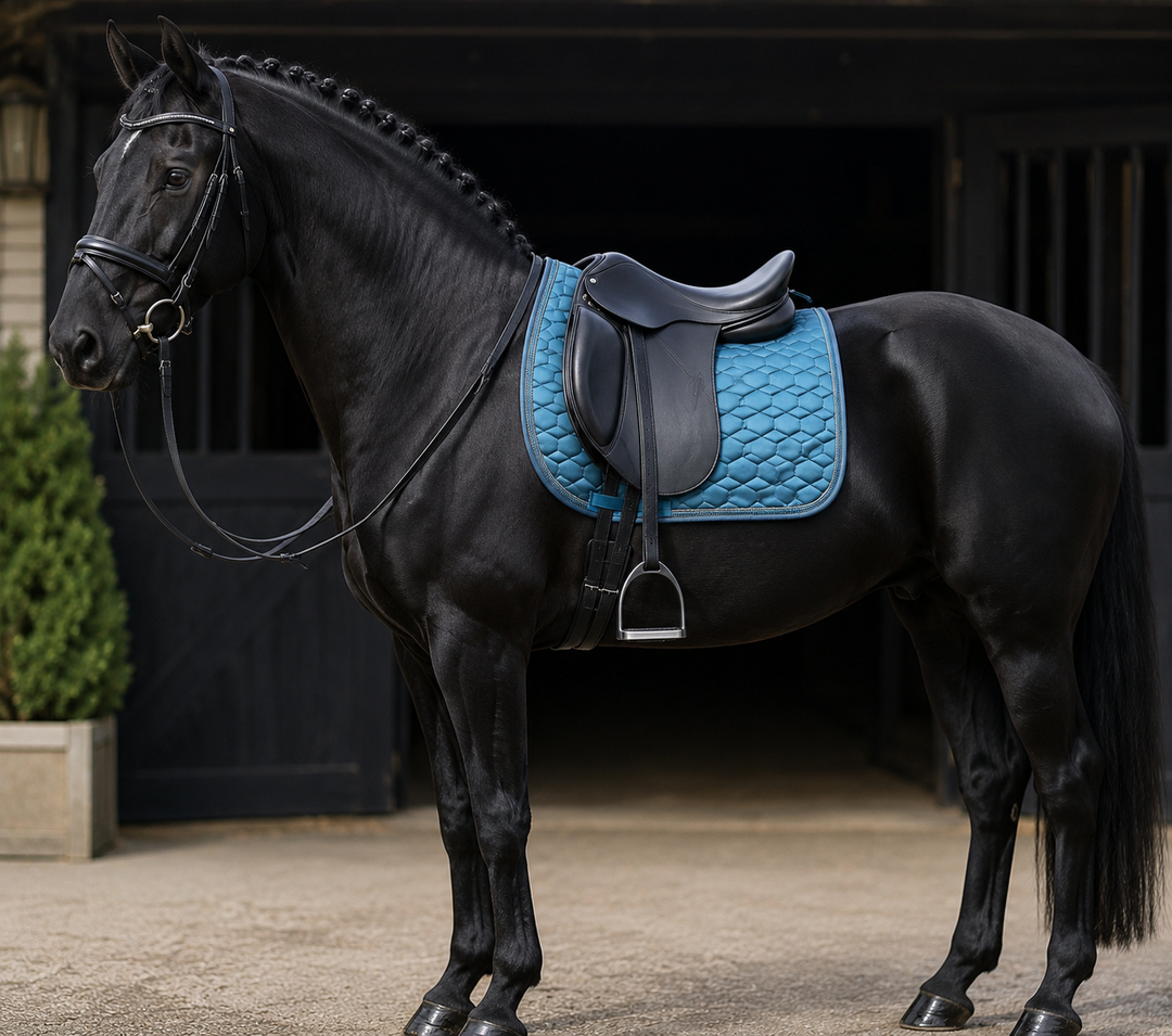 Stunning Diamante GP Saddle Pad by HKM - Sky Blue with Silver Piping & Crystal Trim