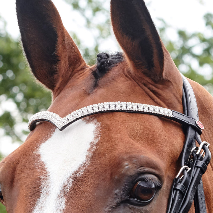 John Whitaker Lynton V Shaped Crystal Browband on Black Leather - Size 15"