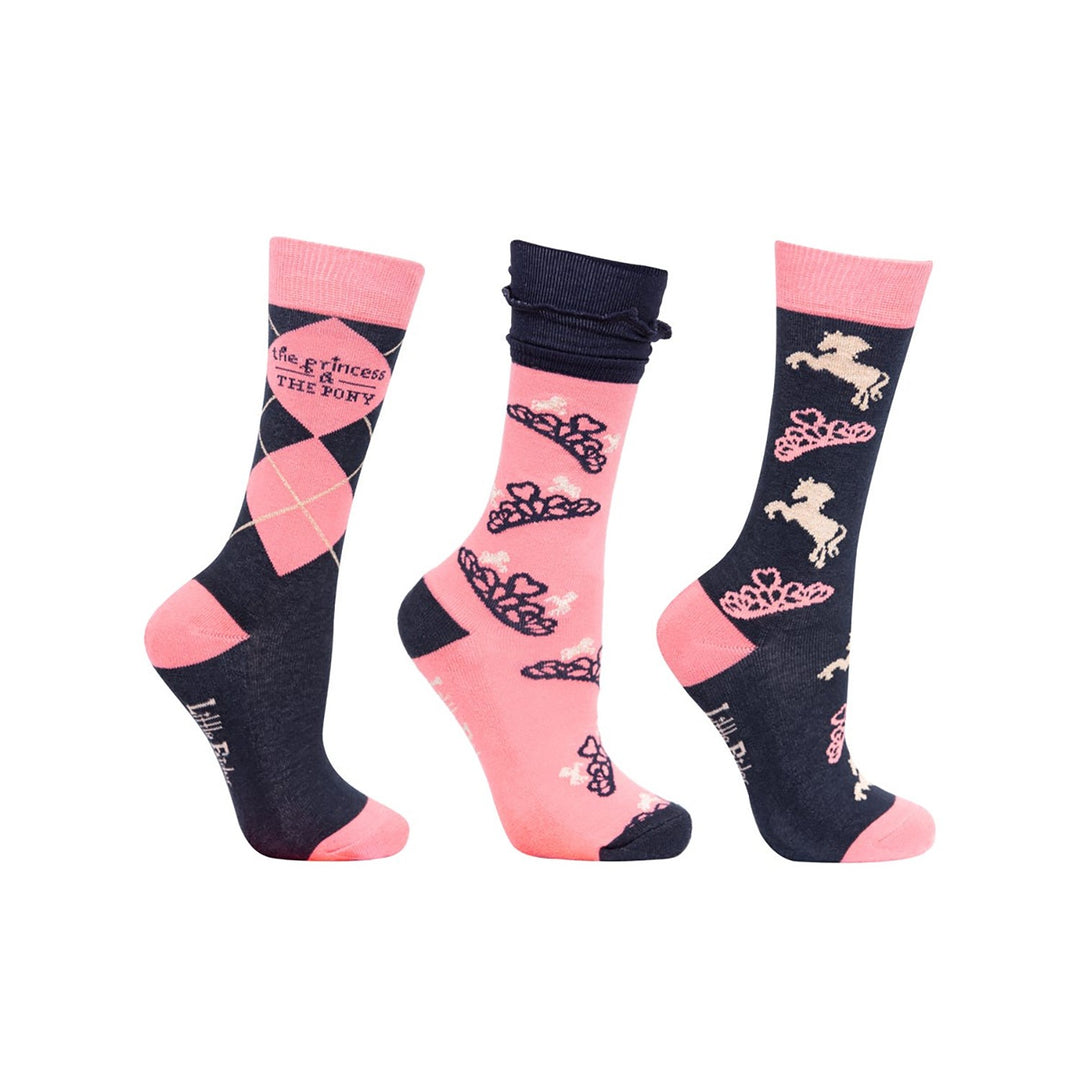 LITTLE RIDER PRINCESS & PONY SOCKS NAVY/PEACH - (Pack of 3) - Child size 8-12