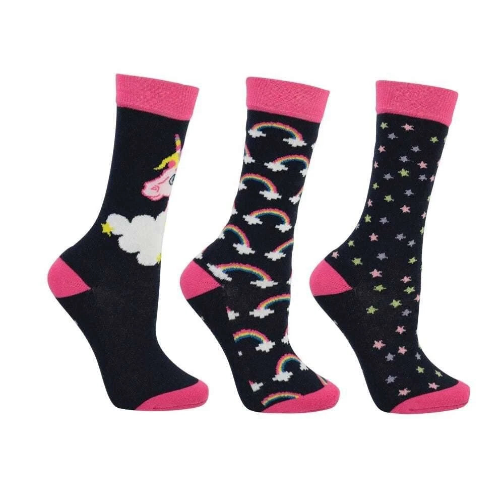 Little Unicorn Socks by Little Rider (Pack of 3) Navy/Fuscia - Size 8-12 Child
