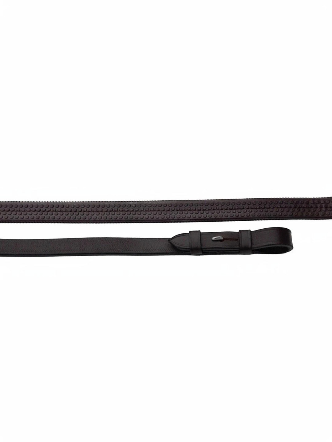Horse and Rider Supplies dark brown rubber-covered leather reins with textured grip and buckle detail.