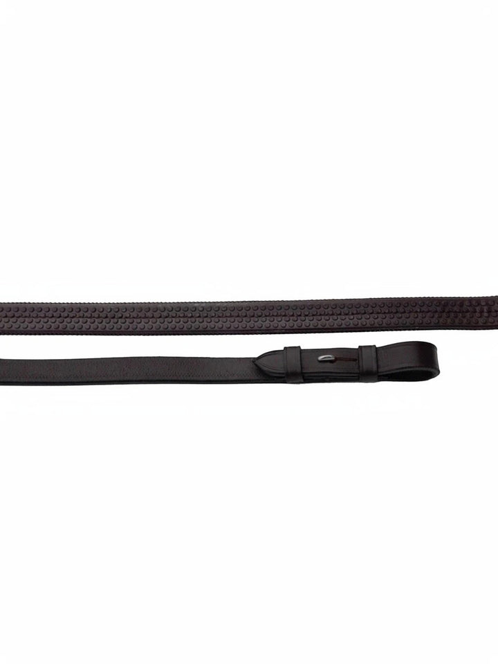 Horse and Rider Supplies dark brown rubber-covered leather reins with textured grip and buckle detail.
