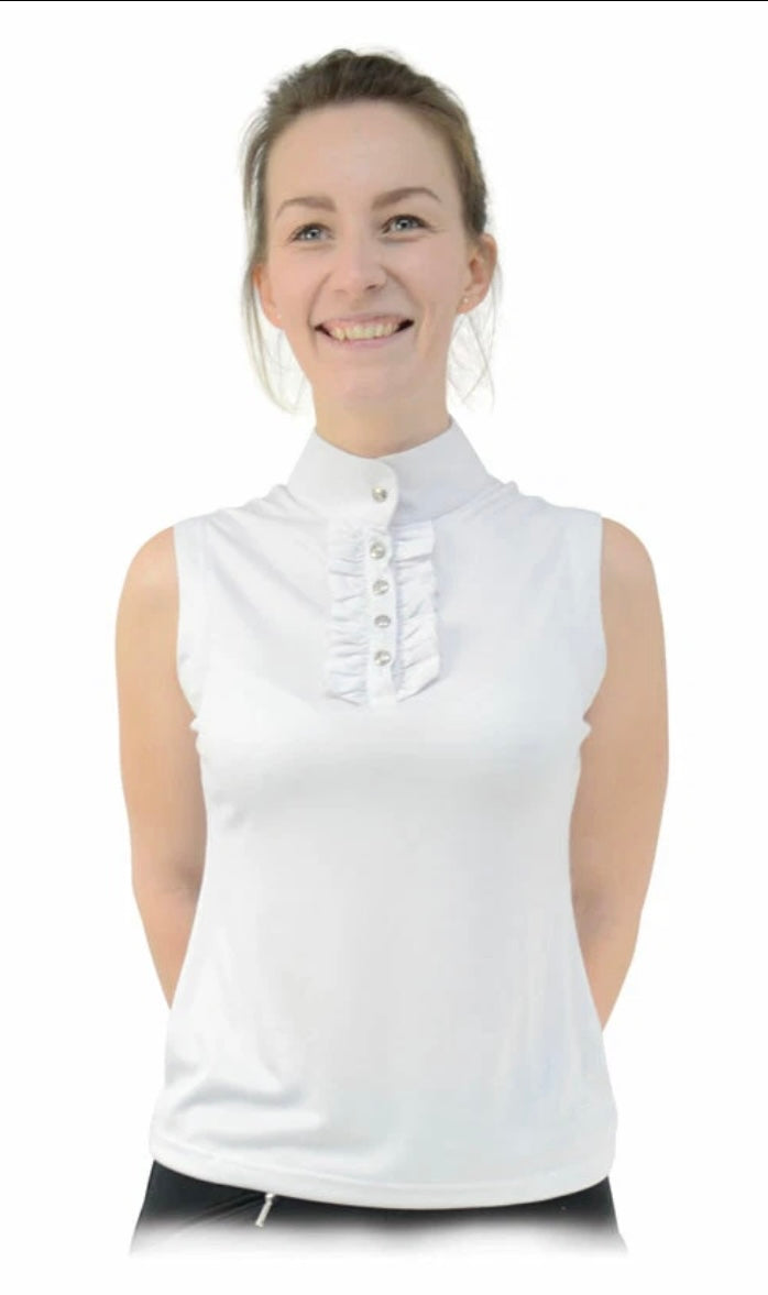 Hy Equestrian Katherine Ruffle Sleeveless Summer Show Shirt - White - Only Large (14) left